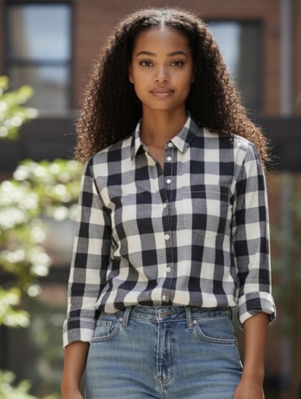 Old Navy Black & White Buffalo Check Button-Down Shirt – Medium – 100% Cotton